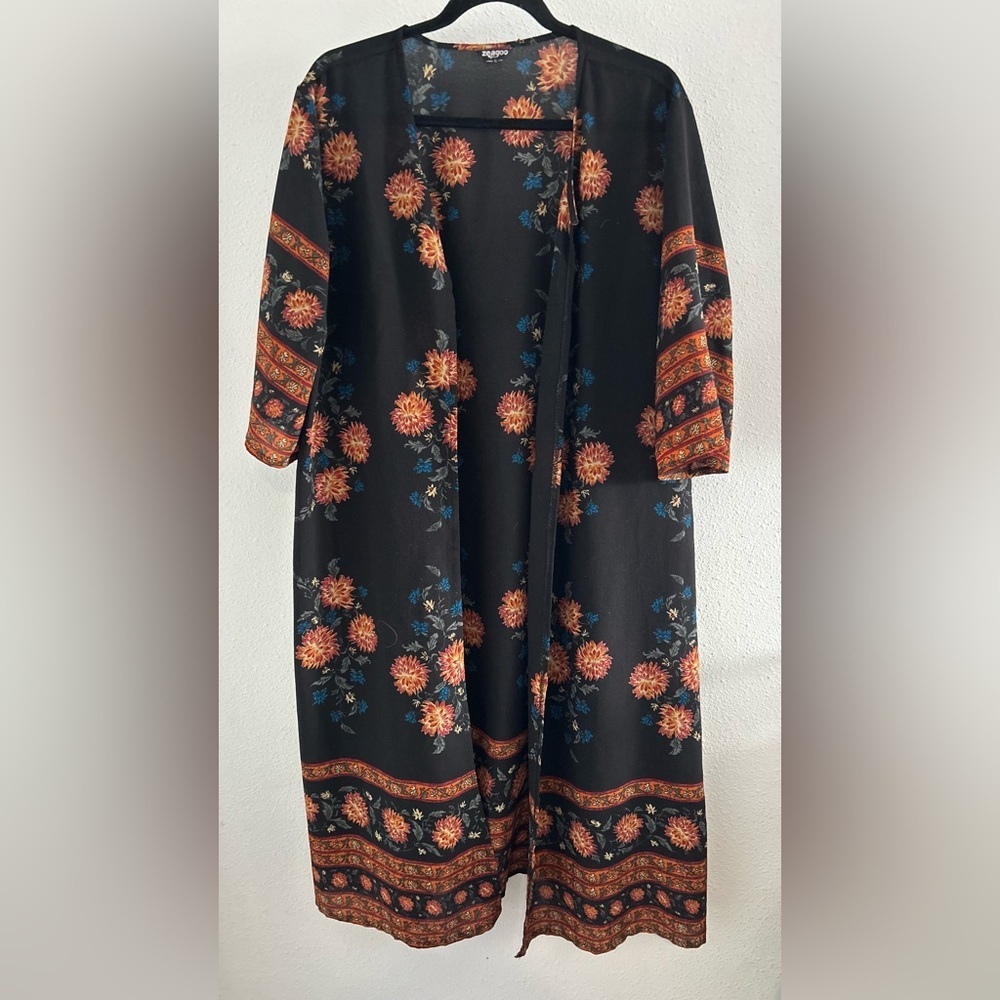zeagoo Black Floral Long Kimono Cover Up Size XL